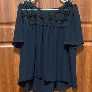 Ann Taylor Navy Floral Lace Yoke Flutter Sleeve Top
